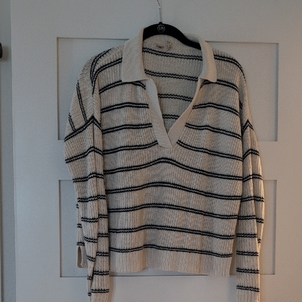 Faherty Miramar Cream and Navy Striped Polo Sweater